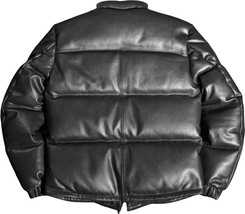 Menâ€™s Black Genuine Sheepskin Stand Collar Baggy Outerwear Winter Warm Thick Insulated Casual Padded Puffer Leather Jacket - Image 5