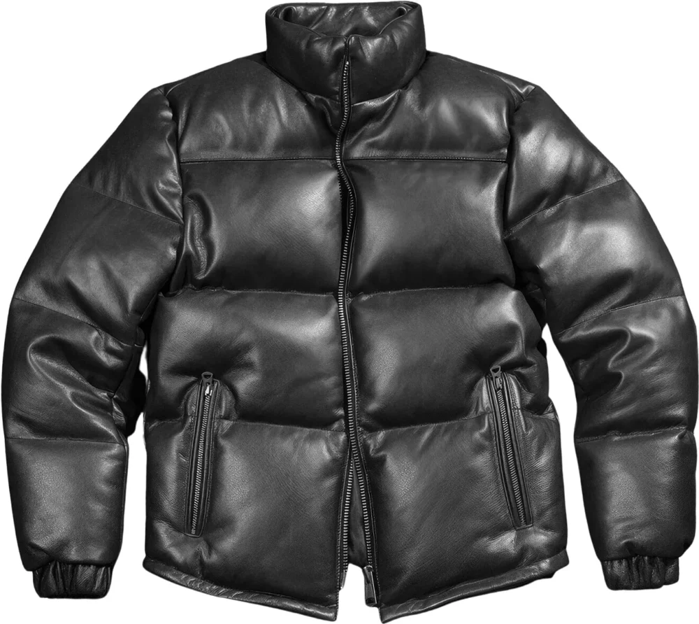 Menâ€™s Black Genuine Sheepskin Stand Collar Baggy Outerwear Winter Warm Thick Insulated Casual Padded Puffer Leather Jacket - Image 4