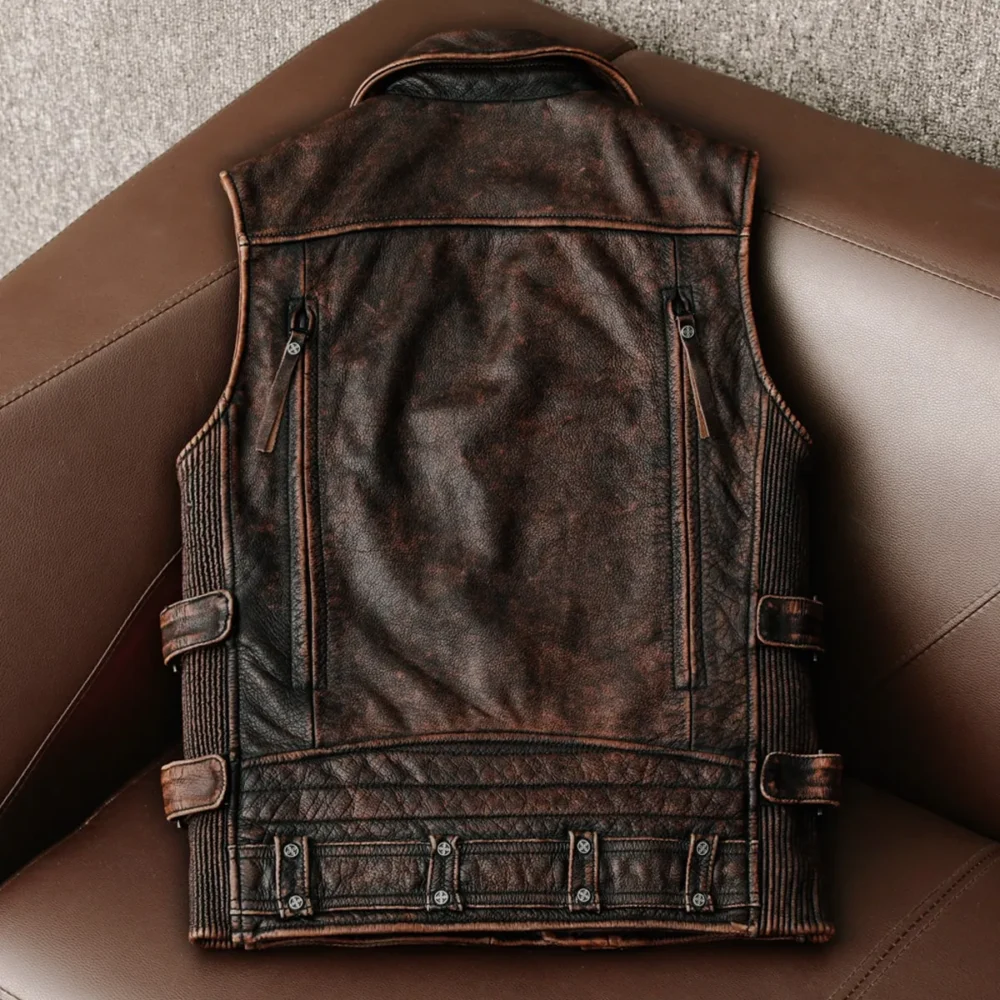 Menâ€™s Biker Vintage Brown Genuine Cowhide Western Slim Fit Leather Zipper Waistcoat - Image 2