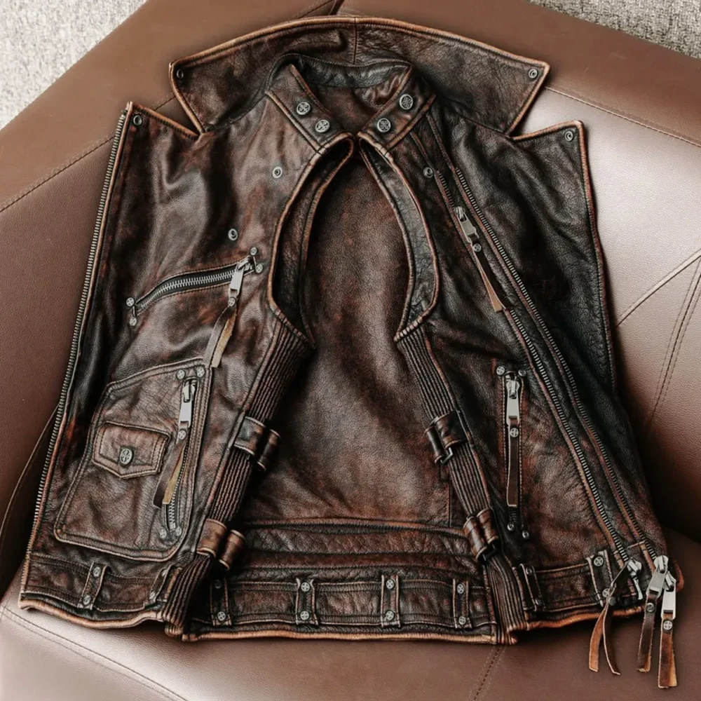 Menâ€™s Biker Vintage Brown Genuine Cowhide Western Slim Fit Leather Zipper Waistcoat - Image 3