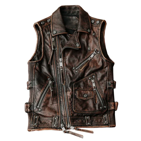 Menâ€™s Biker Vintage Brown Genuine Cowhide Western Slim Fit Leather Zipper Waistcoat