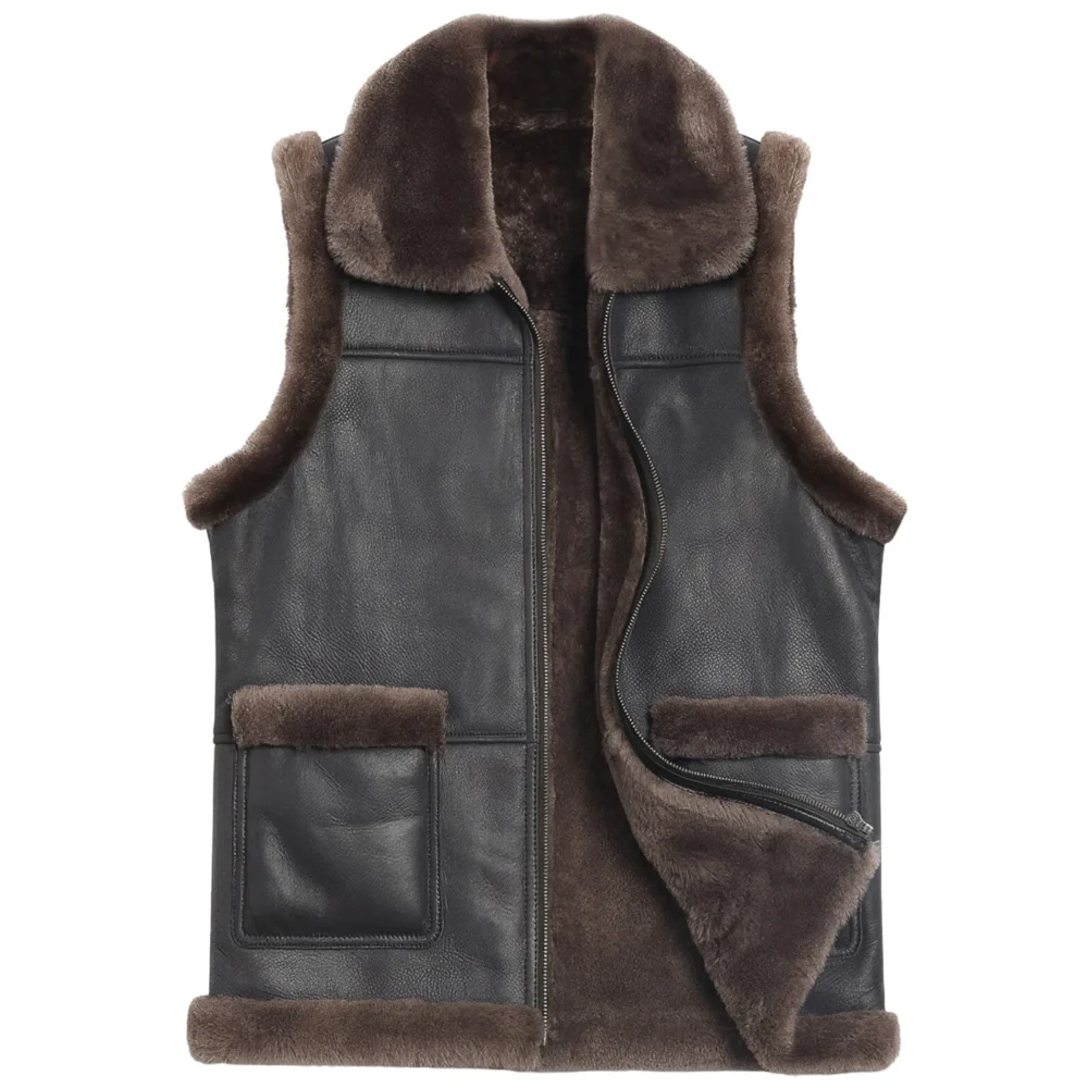 Menâ€™s Coffee Brown Genuine Sheepskin Sherpa Shearling Faux Fur Lined Vest Winter Warm Thick Sleeveless Leather Waistcoat