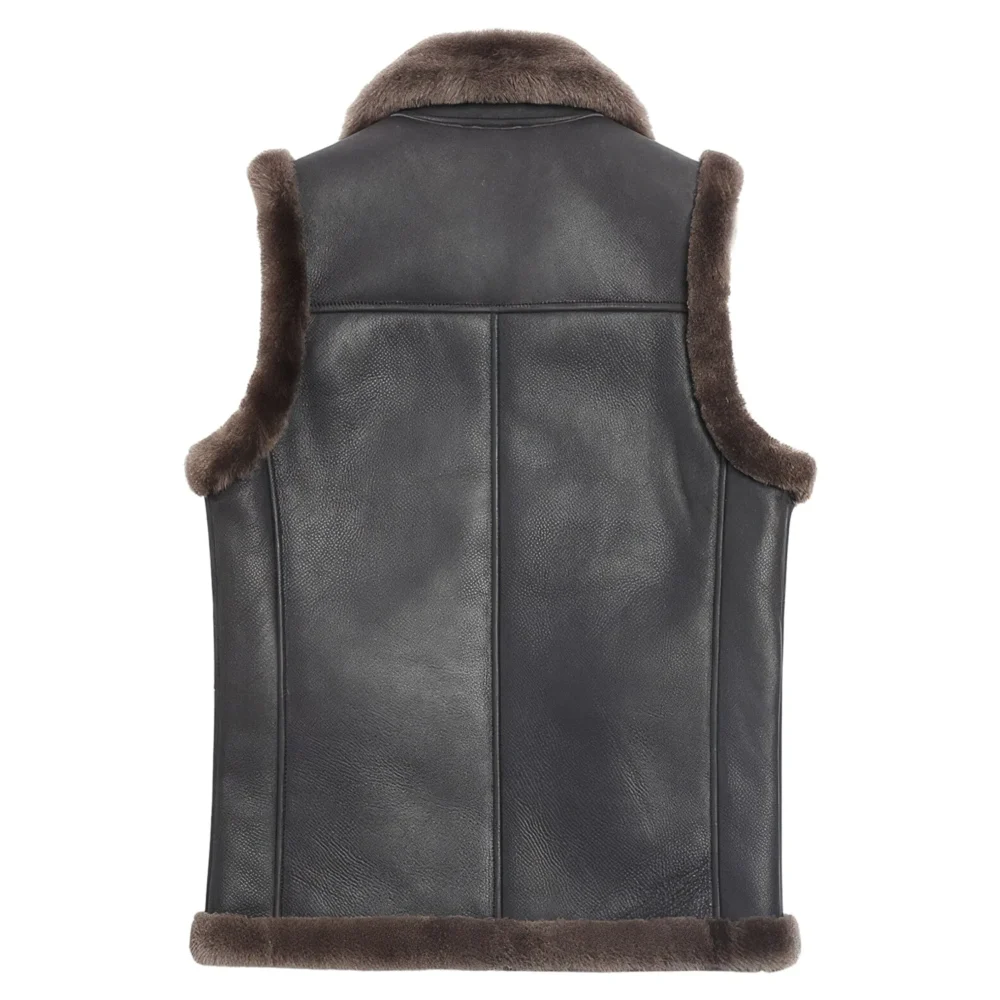 Menâ€™s Coffee Brown Genuine Sheepskin Sherpa Shearling Faux Fur Lined Vest Winter Warm Thick Sleeveless Leather Waistcoat - Image 2