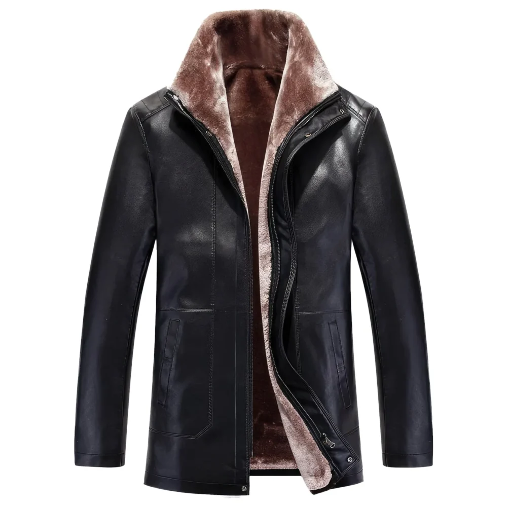 Menâ€™s Black Genuine Sheepskin Sherpa Shearling Faux Fur Lined Casual Fashionable Smooth Slim Fit Zip-Up Leather Jacket