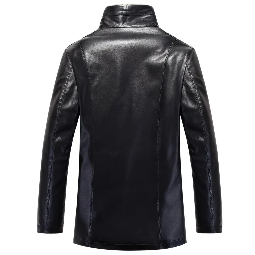 Menâ€™s Black Genuine Sheepskin Sherpa Shearling Faux Fur Lined Casual Fashionable Smooth Slim Fit Zip-Up Leather Jacket - Image 2