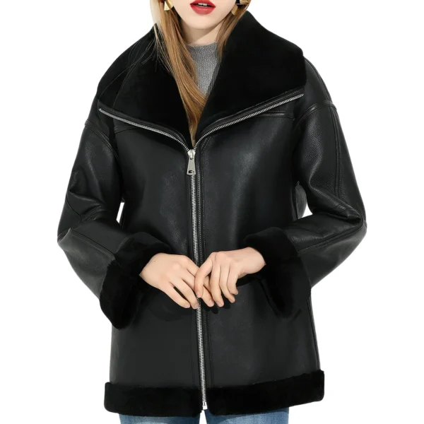 Womenâ€™s Black Genuine Sheepskin Sherpa Shearling Faux Fur Lined Winter Warm Eco-Fur Fashionable Aviator Pilot Leather Jacket