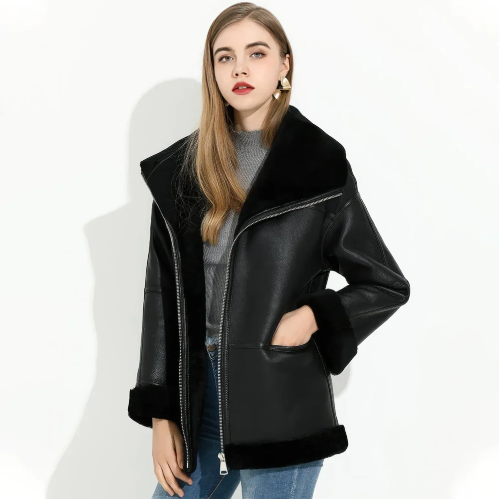 Womenâ€™s Black Genuine Sheepskin Sherpa Shearling Faux Fur Lined Winter Warm Eco-Fur Fashionable Aviator Pilot Leather Jacket - Image 2