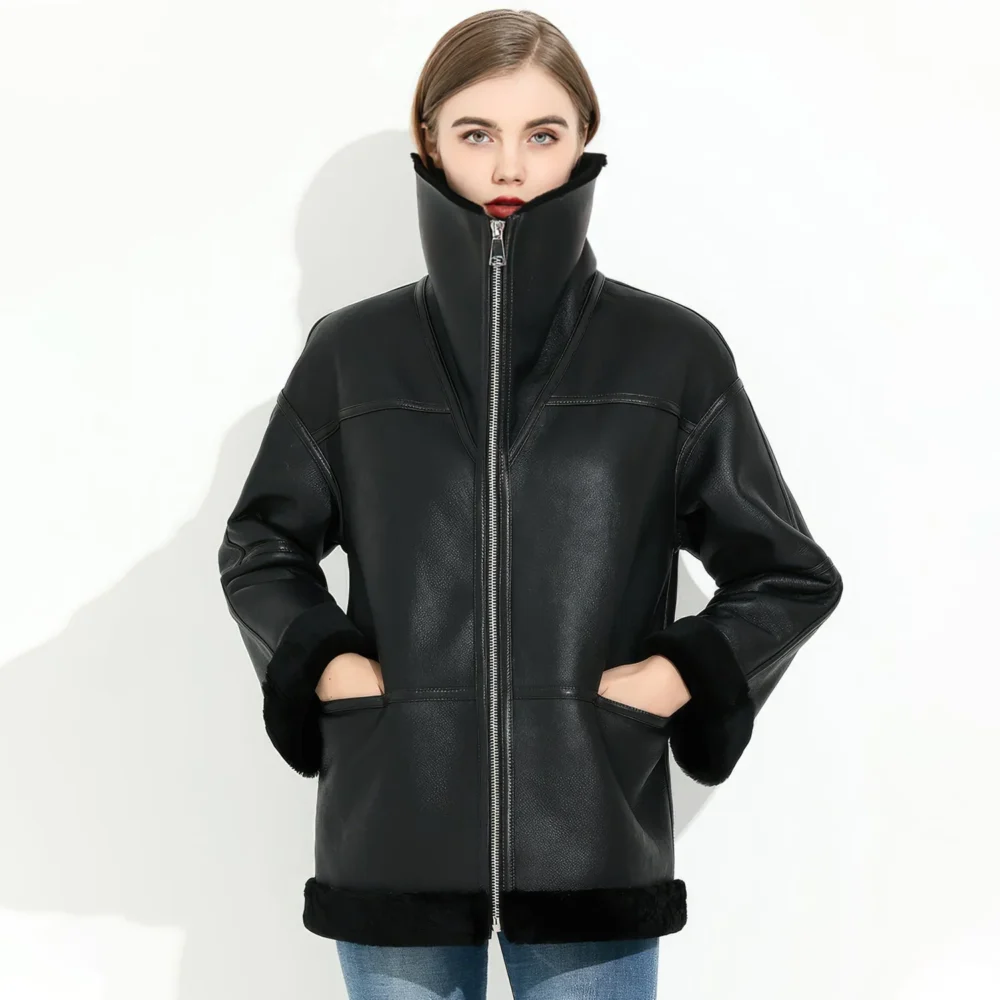 Womenâ€™s Black Genuine Sheepskin Sherpa Shearling Faux Fur Lined Winter Warm Eco-Fur Fashionable Aviator Pilot Leather Jacket - Image 3