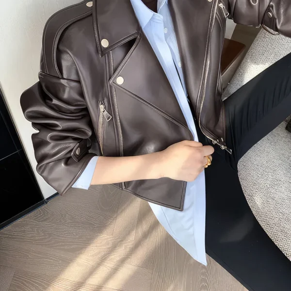 Womenâ€™s Brown Biker Genuine Sheepskin Lapel Collar Classic Korean Style Fashion Outfit Short Oversized Real Leather Jacket