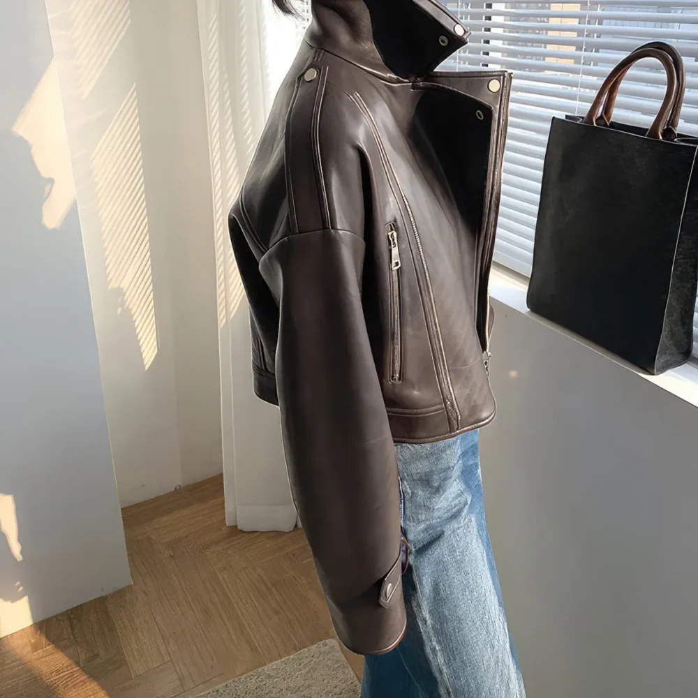 Womens Brown Biker Genuine Sheepskin Lapel Collar Classic Korean Style Fashion Outfit Short Oversized Real Leather Jacket - Image 2