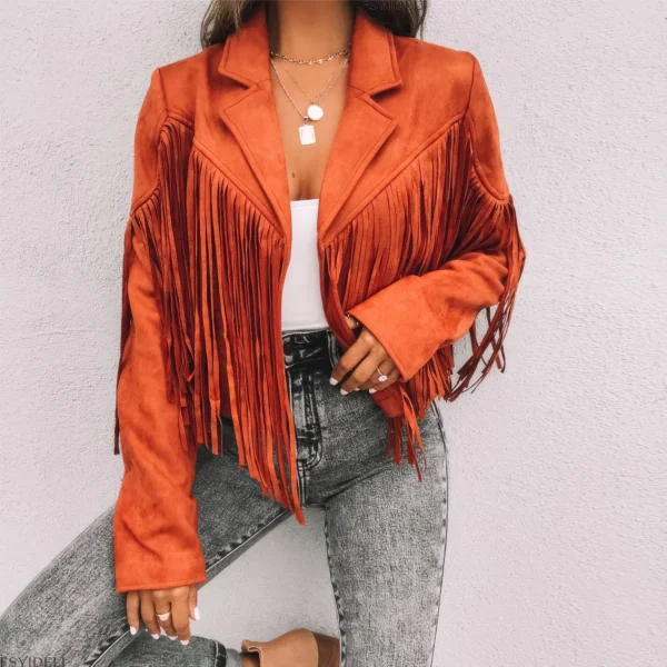 Womenâ€™s Orange Genuine Suede Tassel Lapel Long Sleeve Motor Biker Native American Vintage Cropped Leather Jacket