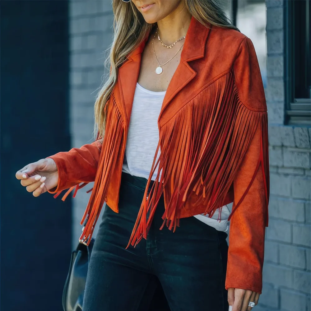 Womenâ€™s Orange Genuine Suede Tassel Lapel Long Sleeve Motor Biker Native American Vintage Cropped Leather Jacket - Image 3