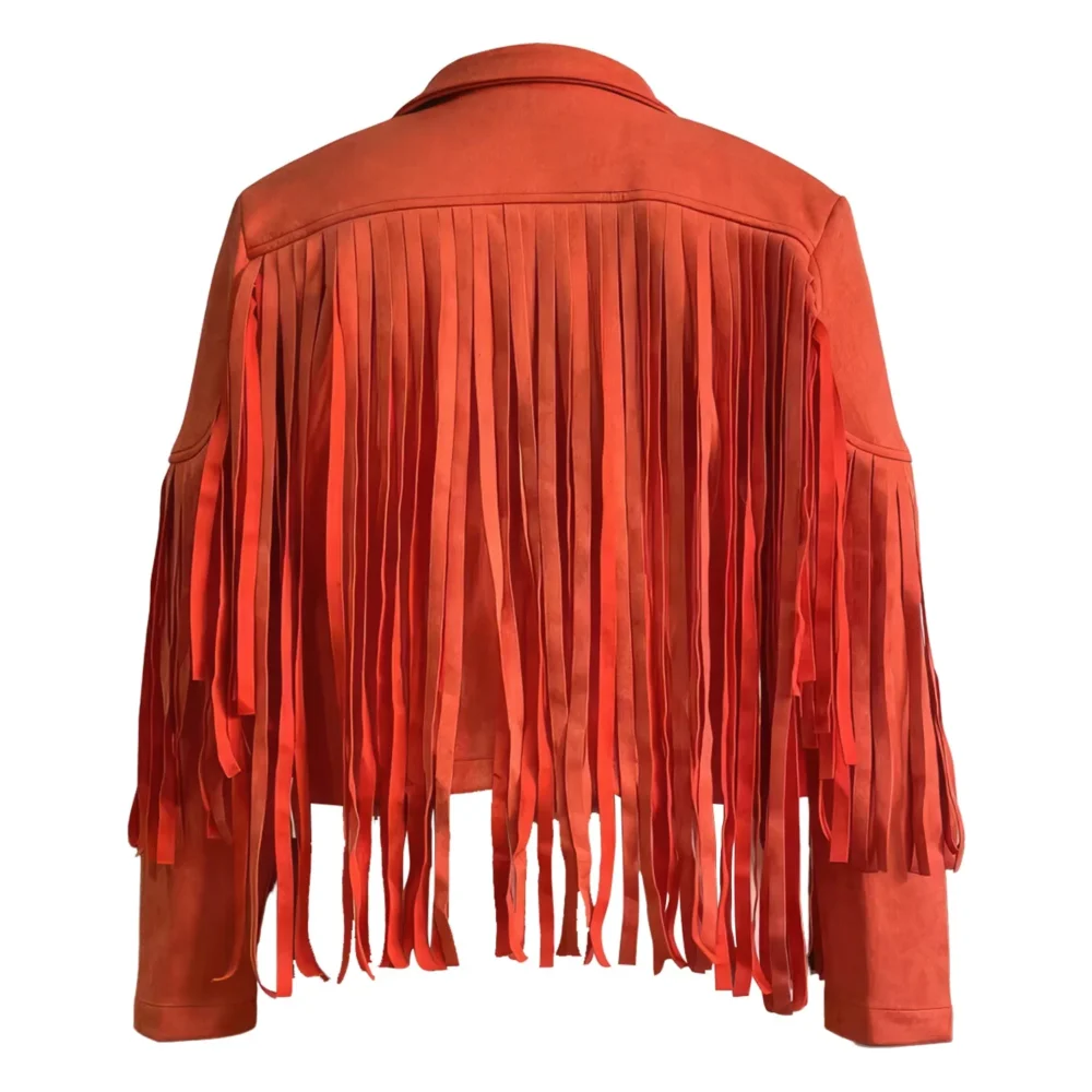 Womenâ€™s Orange Genuine Suede Tassel Lapel Long Sleeve Motor Biker Native American Vintage Cropped Leather Jacket - Image 2