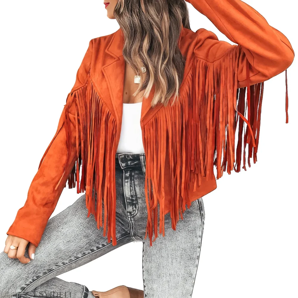 Womenâ€™s Orange Genuine Suede Tassel Lapel Long Sleeve Motor Biker Native American Vintage Cropped Leather Jacket - Image 4