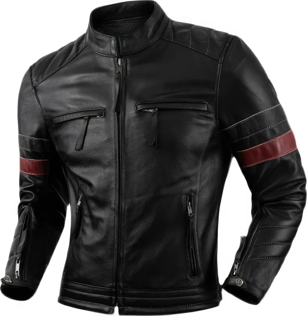 Menâ€™s Black Biker Genuine Cowhide Stand Collar Motorcycle Retro Red Strip Racer Smooth Lightweight Leather Jacket