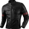 Menâ€™s Black Biker Genuine Cowhide Stand Collar Motorcycle Retro Red Strip Racer Smooth Lightweight Leather Jacket