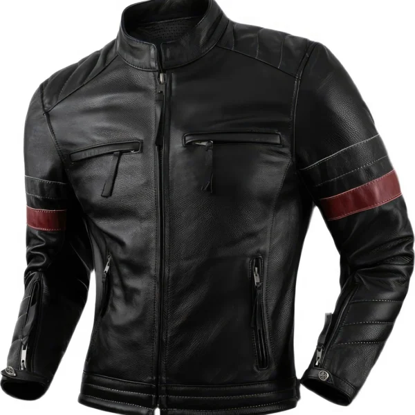 Menâ€™s Black Biker Genuine Cowhide Stand Collar Motorcycle Retro Red Strip Racer Smooth Lightweight Leather Jacket