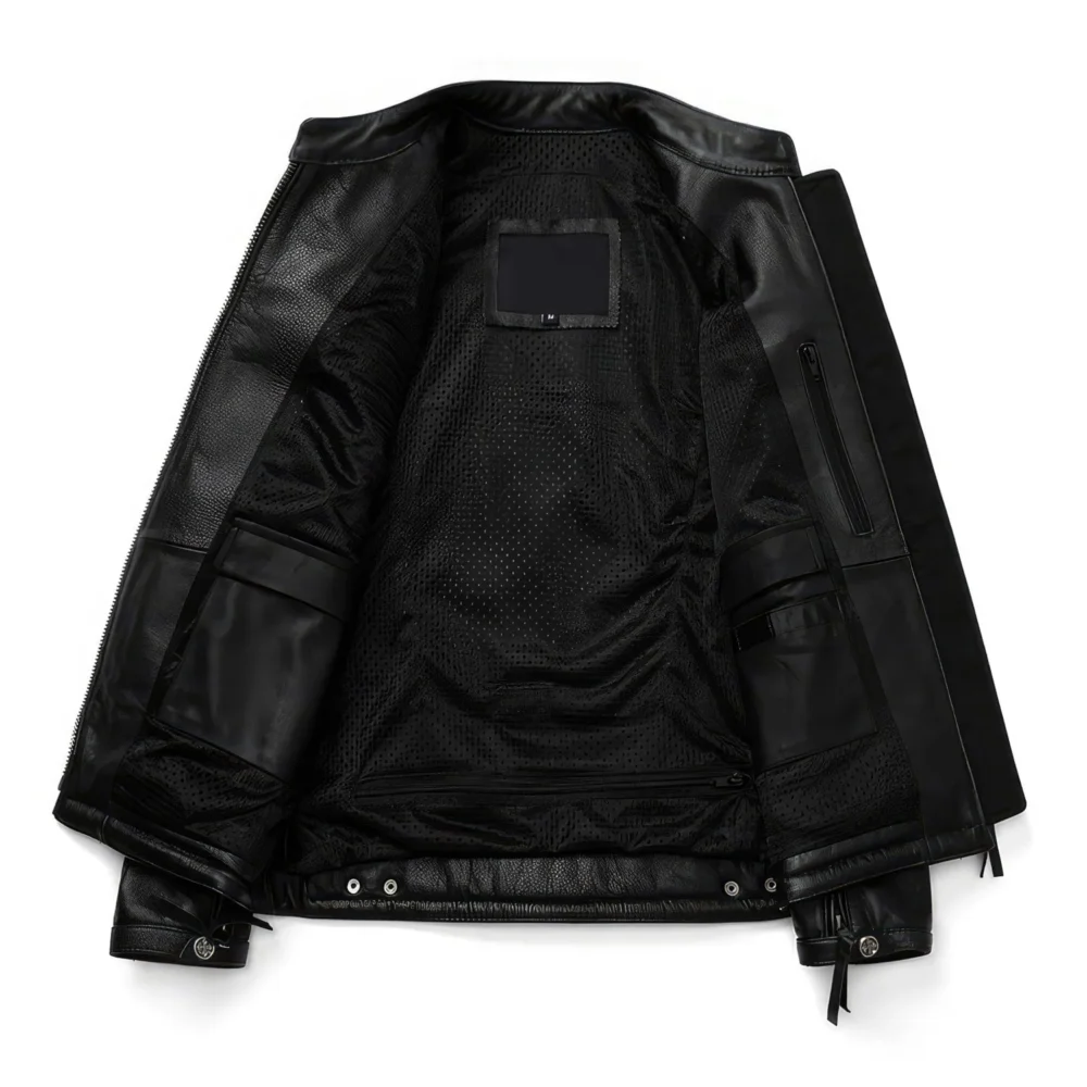 Menâ€™s Black Biker Genuine Cowhide Stand Collar Motorcycle Retro Red Strip Racer Smooth Lightweight Leather Jacket - Image 2