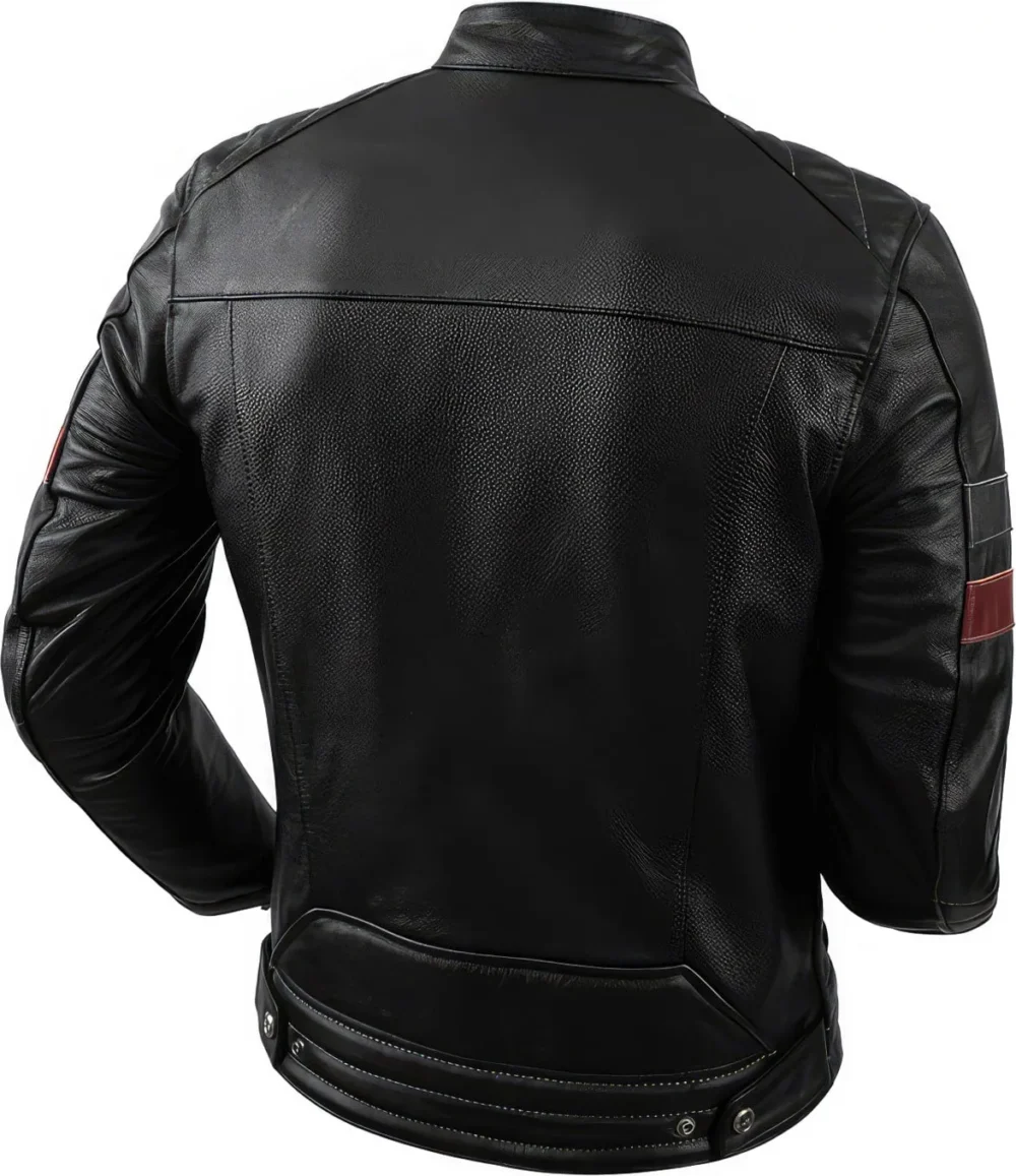 Menâ€™s Black Biker Genuine Cowhide Stand Collar Motorcycle Retro Red Strip Racer Smooth Lightweight Leather Jacket - Image 3