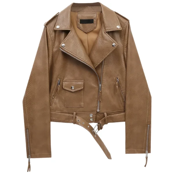 Womenâ€™s Brown Biker Genuine Sheepskin Snake Skin Texture Streetwear Slim Fit Moto Rider Casual CafÃ© Racer Smooth Leather Jacket
