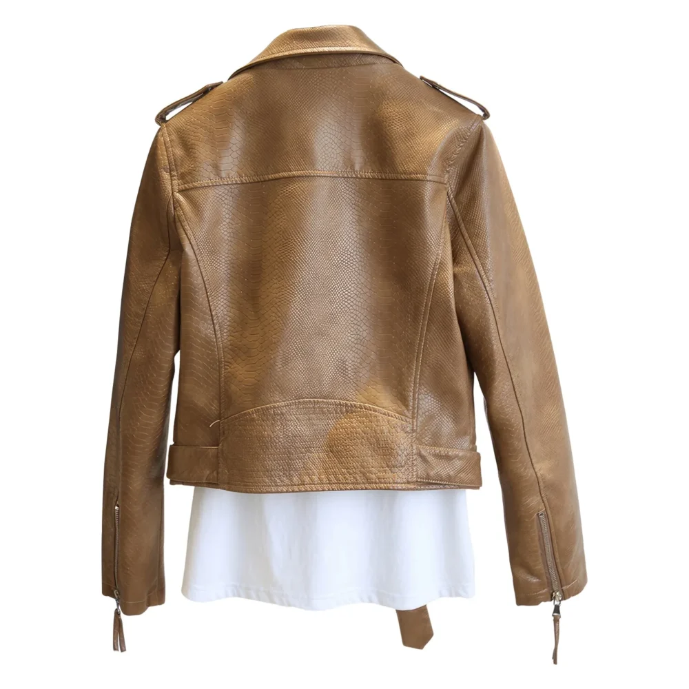 Womenâ€™s Brown Biker Genuine Sheepskin Snake Skin Texture Streetwear Slim Fit Moto Rider Casual CafÃ© Racer Smooth Leather Jacket - Image 2