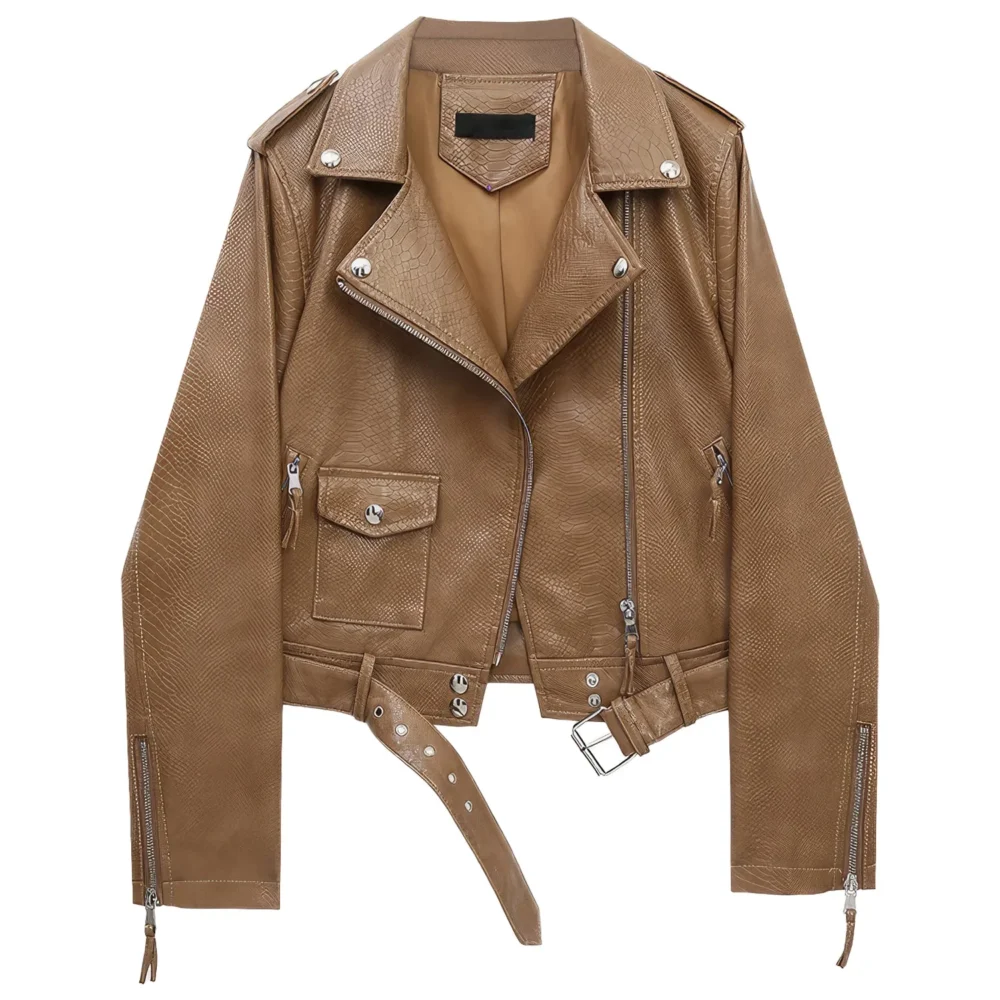 Womenâ€™s Brown Biker Genuine Sheepskin Snake Skin Texture Streetwear Slim Fit Moto Rider Casual CafÃ© Racer Smooth Leather Jacket - Image 4