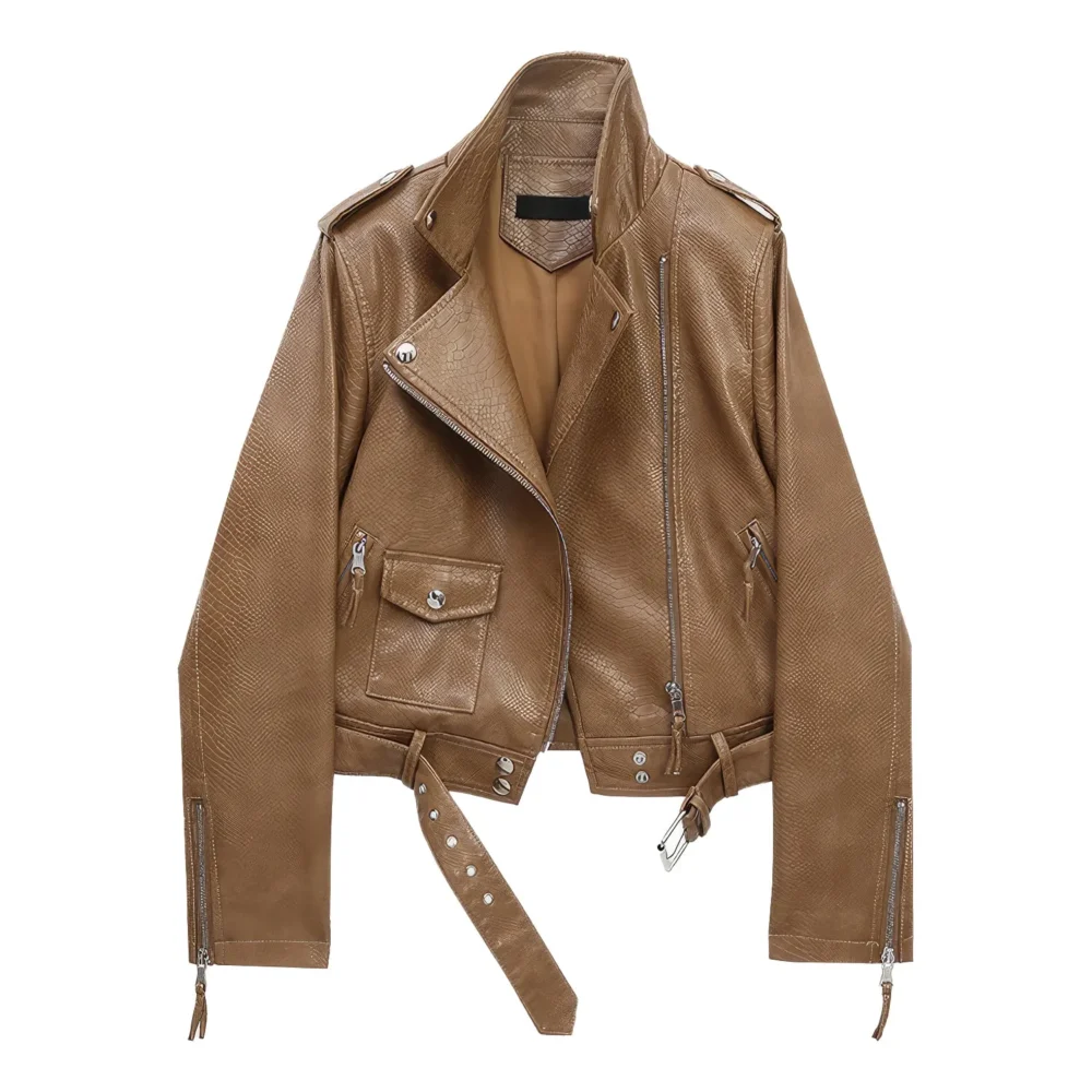 Womenâ€™s Brown Biker Genuine Sheepskin Snake Skin Texture Streetwear Slim Fit Moto Rider Casual CafÃ© Racer Smooth Leather Jacket - Image 3