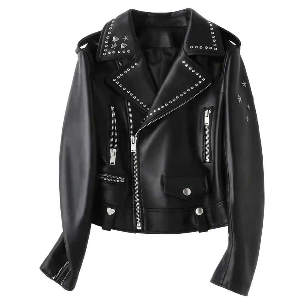 Womenâ€™s Black Biker Genuine Sheepskin Lapel Studded Collar Celebrity Style Sporty CafÃ© Racer Slim Fit Leather Jacket