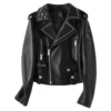 Womenâ€™s Black Biker Genuine Sheepskin Lapel Studded Collar Celebrity Style Sporty CafÃ© Racer Slim Fit Leather Jacket