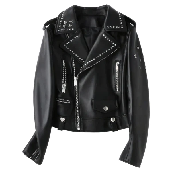 Womenâ€™s Black Biker Genuine Sheepskin Lapel Studded Collar Celebrity Style Sporty CafÃ© Racer Slim Fit Leather Jacket