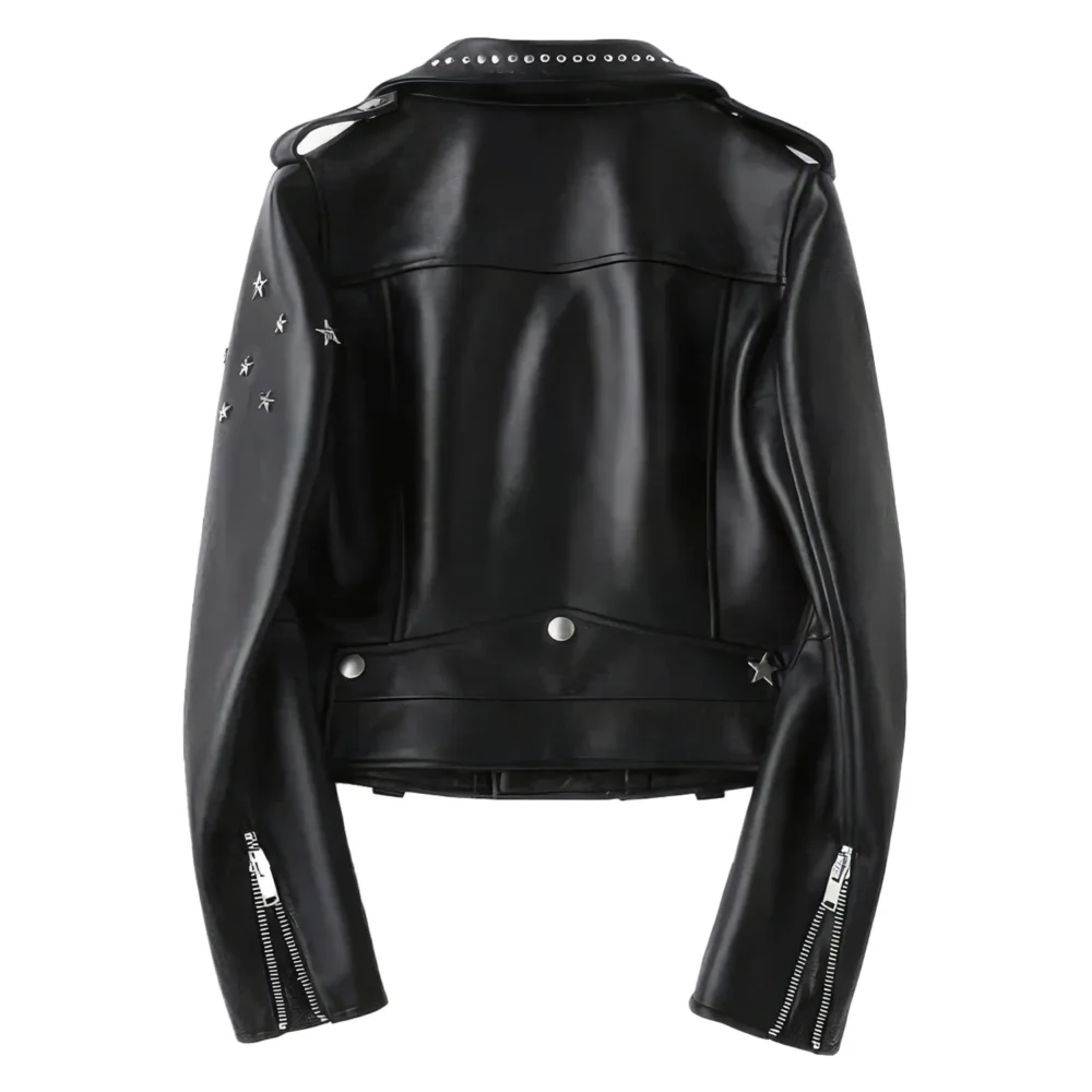 Womenâ€™s Black Biker Genuine Sheepskin Lapel Studded Collar Celebrity Style Sporty CafÃ© Racer Slim Fit Leather Jacket - Image 2