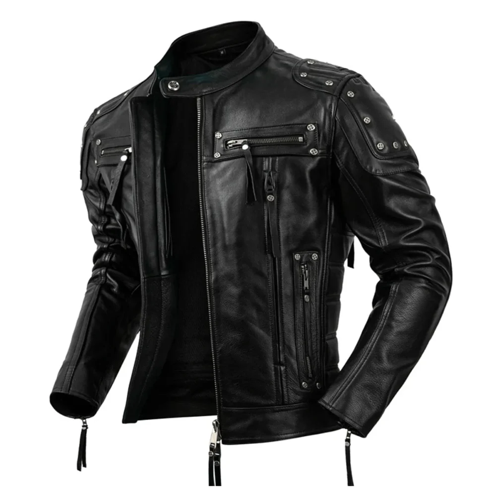 Mens Black Biker Genuine Cowhide Stand Collar Motorcycle Rider Casual Classic Fashionable Slim Fit Zip-Up Leather Jacket - Image 4
