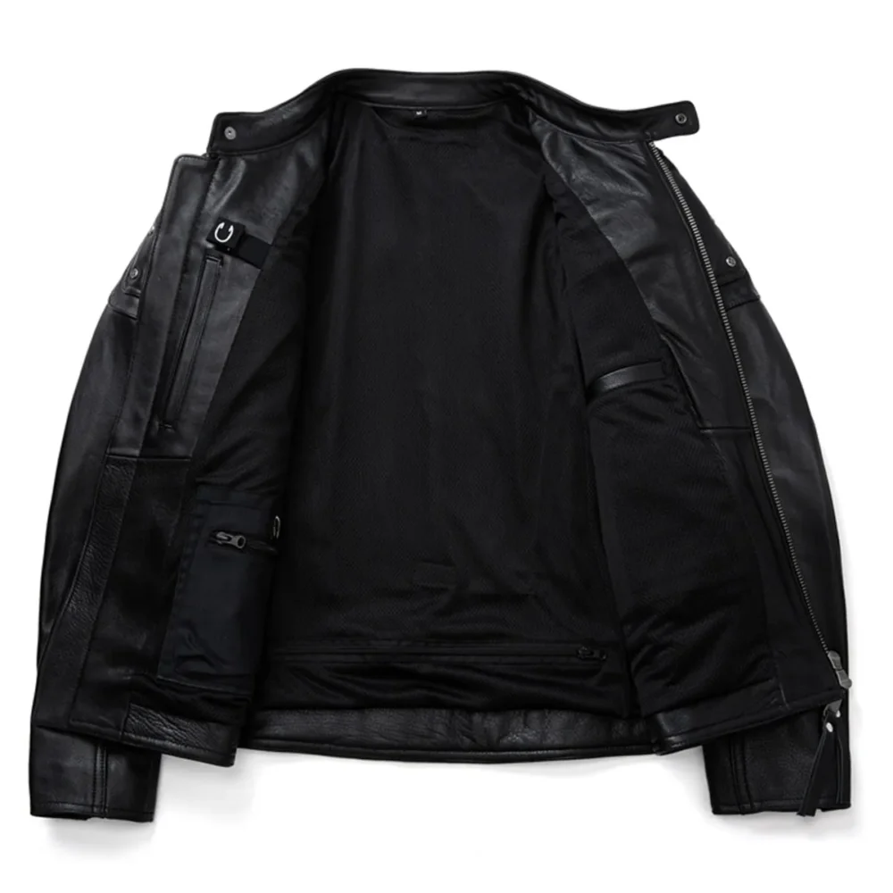Mens Black Biker Genuine Cowhide Stand Collar Motorcycle Rider Casual Classic Fashionable Slim Fit Zip-Up Leather Jacket - Image 5