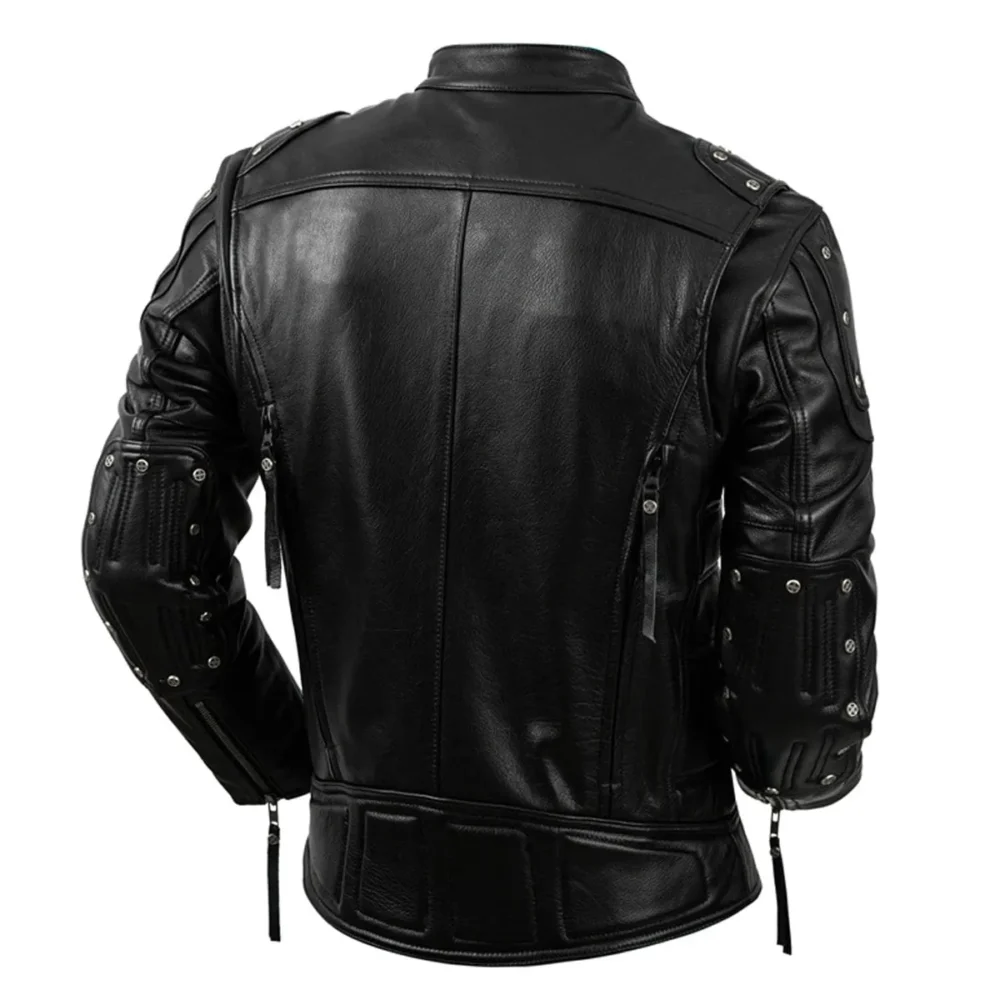 Mens Black Biker Genuine Cowhide Stand Collar Motorcycle Rider Casual Classic Fashionable Slim Fit Zip-Up Leather Jacket - Image 3
