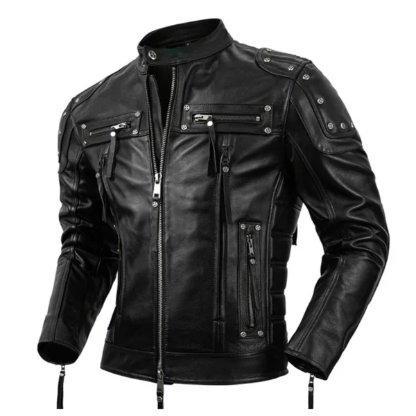 Menâ€™s Black Biker Genuine Cowhide Stand Collar Motorcycle Rider Casual Classic Fashionable Slim Fit Zip-Up Leather Jacket