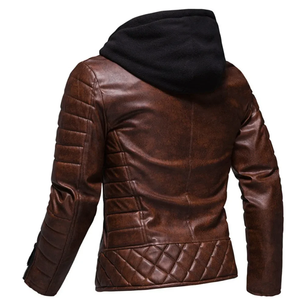 Menâ€™s Vintage Distressed Brown Biker Genuine Sheepskin Lapel Collar Hooded Motorcycle Rider Crossover Retro Quilted Asymmetric Leather Jacket - Image 2