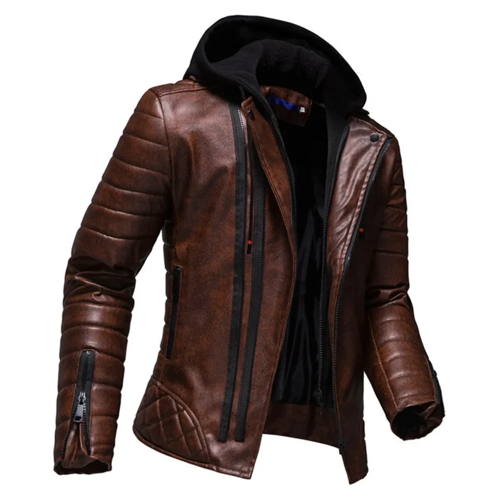 Menâ€™s Vintage Distressed Brown Biker Genuine Sheepskin Lapel Collar Hooded Motorcycle Rider Crossover Retro Quilted Asymmetric Leather Jacket - Image 3