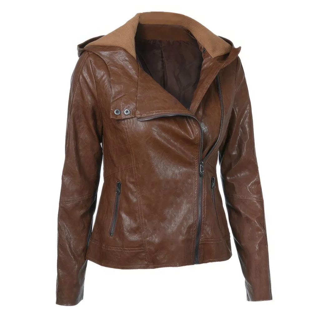 Womenâ€™s Brown Biker Genuine Sheepskin Hooded Scooter Sporty Crossover Vintage Slim Fit Asymmetric Leather Jacket