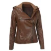 Womenâ€™s Brown Biker Genuine Sheepskin Hooded Scooter Sporty Crossover Vintage Slim Fit Asymmetric Leather Jacket