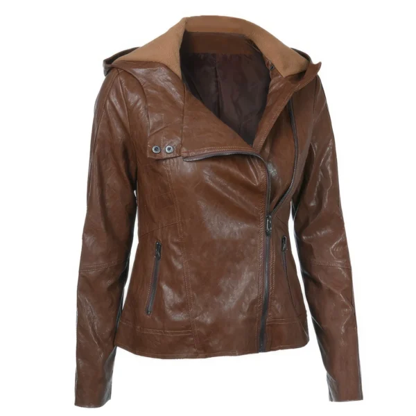 Womenâ€™s Brown Biker Genuine Sheepskin Hooded Scooter Sporty Crossover Vintage Slim Fit Asymmetric Leather Jacket