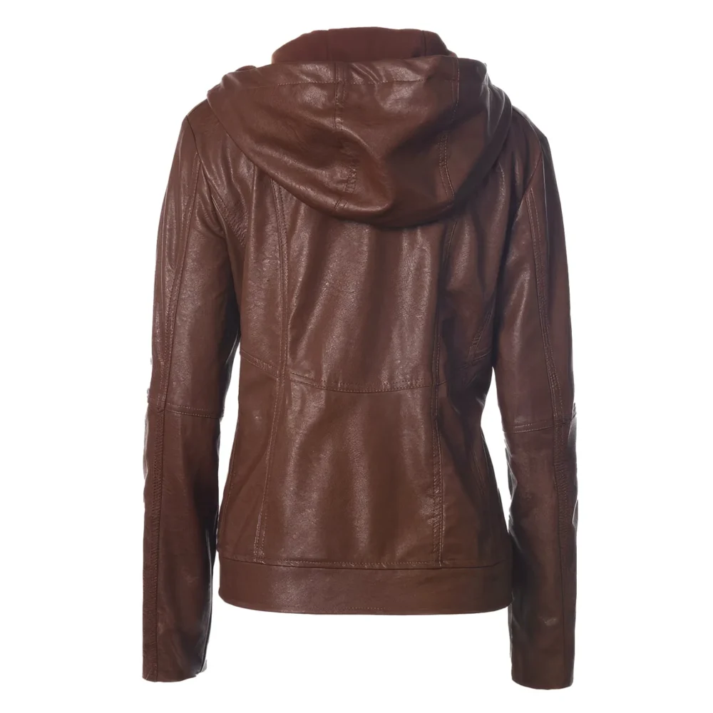 Womenâ€™s Brown Biker Genuine Sheepskin Hooded Scooter Sporty Crossover Vintage Slim Fit Asymmetric Leather Jacket - Image 3