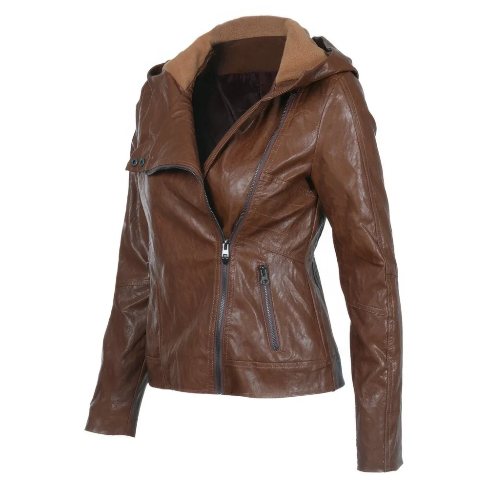 Womenâ€™s Brown Biker Genuine Sheepskin Hooded Scooter Sporty Crossover Vintage Slim Fit Asymmetric Leather Jacket - Image 2