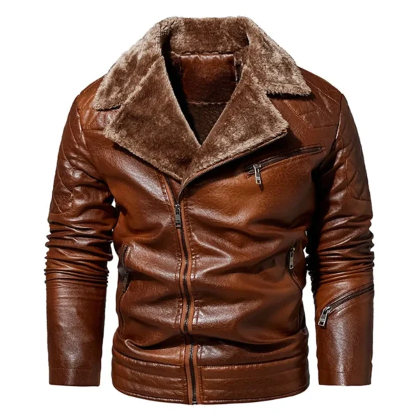 Menâ€™s Biker Brown Genuine Sheepskin Faux Fur Motorcycle Rider Windproof Leather Jackets