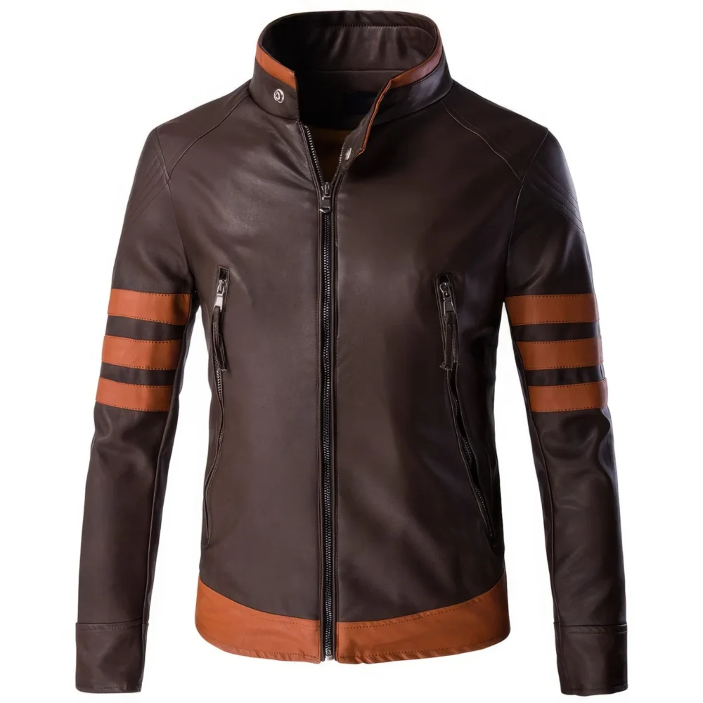 Menâ€™s Brown Genuine Sheepskin Stand Collar Tan Strips Zip-Up Retro Casual Slim Fit High Street Smooth CafÃ© Racer Leather Jacket