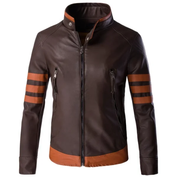 Menâ€™s Brown Genuine Sheepskin Stand Collar Tan Strips Zip-Up Retro Casual Slim Fit High Street Smooth CafÃ© Racer Leather Jacket