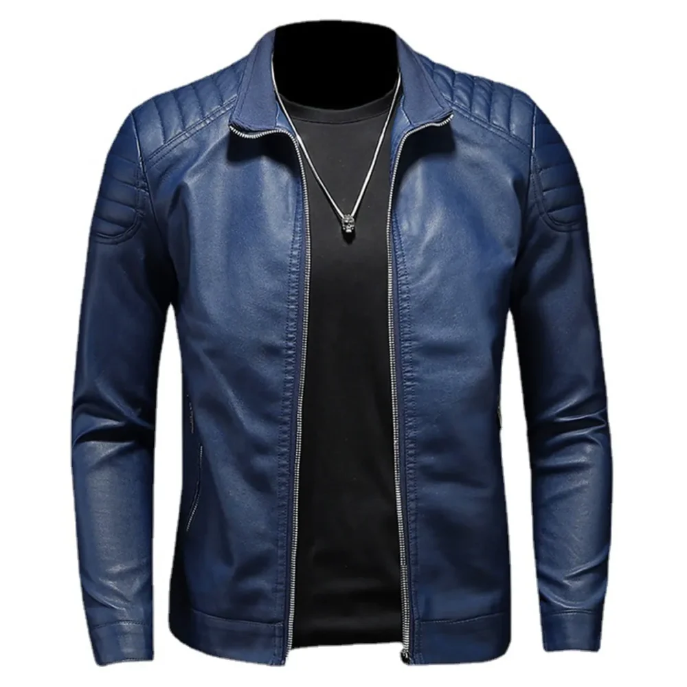 Menâ€™s Blue Biker PU Stand Collar Korean Style Quilted Shoulders Motorcycle Rider Smooth Fashionable Casual Classic Faux Leather Jacket - Image 2