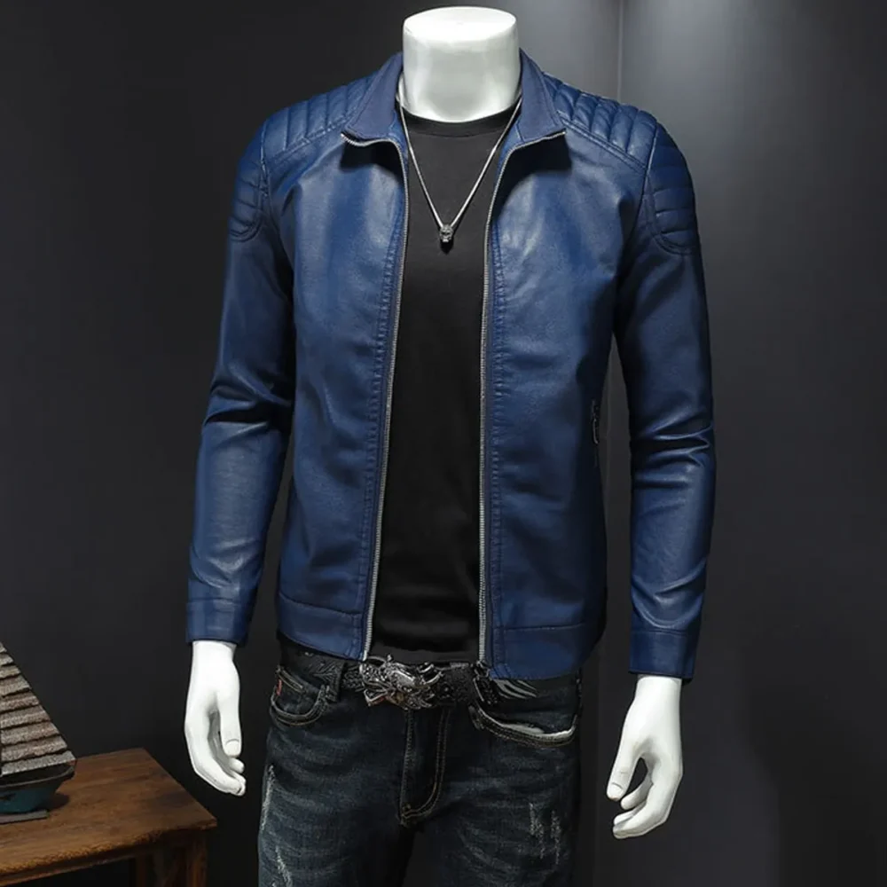 Menâ€™s Blue Biker PU Stand Collar Korean Style Quilted Shoulders Motorcycle Rider Smooth Fashionable Casual Classic Faux Leather Jacket - Image 3