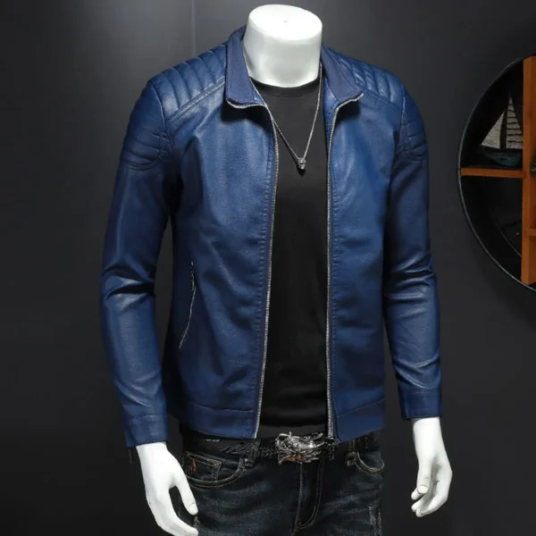 Menâ€™s Blue Biker PU Stand Collar Korean Style Quilted Shoulders Motorcycle Rider Smooth Fashionable Casual Classic Faux Leather Jacket