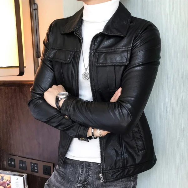 Menâ€™s Black Biker Genuine Sheepskin Shirt Collar CafÃ© Racer Retro Zip-Up Casual Slim Fit Moto Rider Smooth Leather Jacket