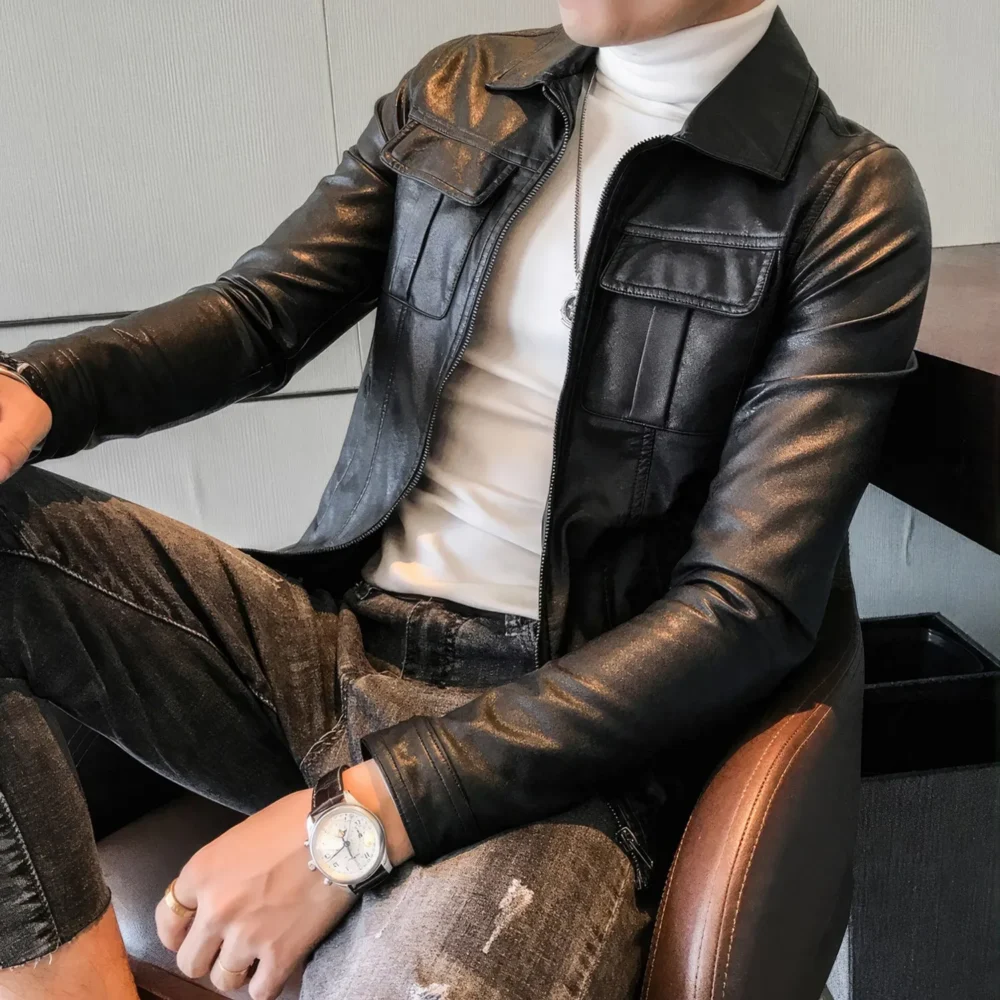 Menâ€™s Black Biker Genuine Sheepskin Shirt Collar CafÃ© Racer Retro Zip-Up Casual Slim Fit Moto Rider Smooth Leather Jacket - Image 2